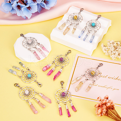 8Pcs 4 Colors Alloy Woven Net/Web with Gemstone Pendants Decorations HJEW-TA0001-30-1