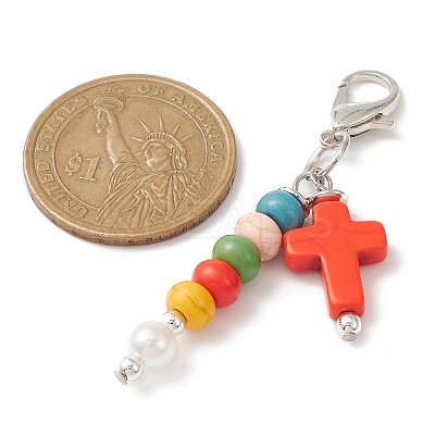 Cross & Round Synthetic Turquoise Pendant Decoration HJEW-JM01174-1