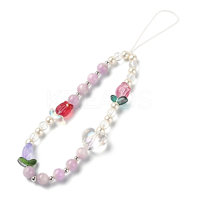 Tulip & Heart Natural Kunzite/Quartz Crystal & Glass Beaded Mobile Straps HJEW-TA00041-1