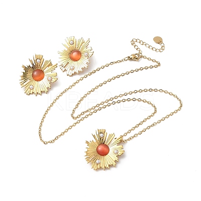 304 Stainless Steel Flower Pendant Necklaces & Stud Earrings Sets for Women SJEW-B020-03G-1
