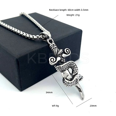 Vintage 304 Stainless Steel Snake Sword Shaped Pendant Punk Necklaces for Men LS-WD3410-1