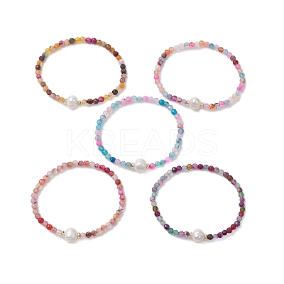 8mm Faceted Round Natural Agate(Dyed & Heated) Beaded Stretch Bracelets BJEW-JB10479-1