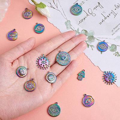 16Pcs 8 Style Eye Theme 304 Stainless Steel Rhinestone Pendants STAS-SZ0002-85MC-1