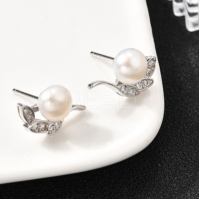 925 Sterling Silver Clear Cubic Zirconia Leaf Stud Earrings EJEW-L300-08P-1