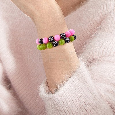 Hot Pink Gold Natural Yellow Jade Round Beaded Stretch Bracelet BJEW-SW00077-05-1