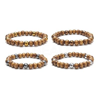Natural Wood & Synthetic Hematite Round Beaded Stretch Bracelet for Women BJEW-JB09148-1