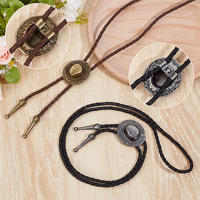 2Pcs 2 Colors Western Zinc Alloy Bolo Tie Cowboy Hat Lariat PU Leather Cord Necklaces NJEW-WR0001-03-1