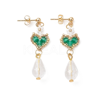 Glass Heart with Acrylic Flower Dangle Stud Earrings EJEW-MZ00077-1