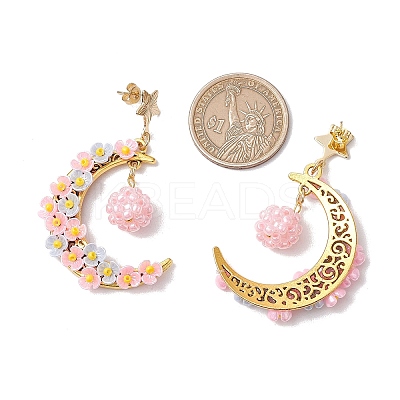 Glass Seed Beads Moon Dangle Stud Earrings EJEW-MZ00402-01-1