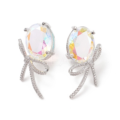 Cubic Zirconia Oval with Bowknot Stud Earrings EJEW-P206-15P-1