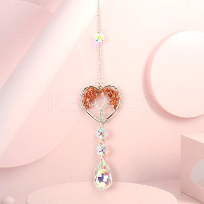 Wire Wrapped Natural Carnelian Heart with Tree of Life Pendant Decorations HJEW-K046-02P-02-1