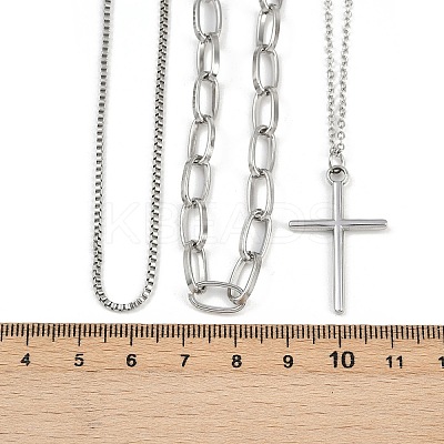 304 Stainless Steel Cross Pendant 3 Layer Necklaces for Women NJEW-F343-02P-1