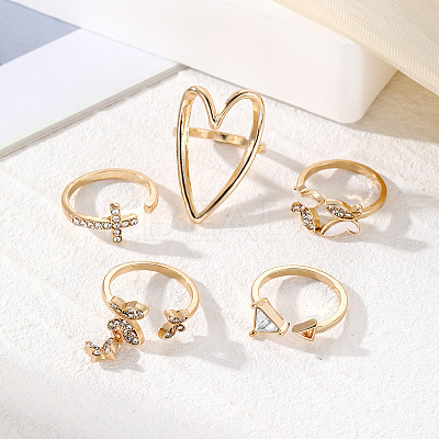 5Pcs Alloy Crystal Rhinestone & Natural Shell Finger Rings Sets FS-WG36854-01-1