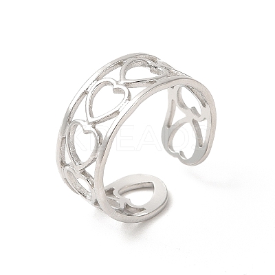 Non-Tarnish 304 Stainless Steel Hollow Out Heart Open Cuff Ring for Women RJEW-E063-19P-1