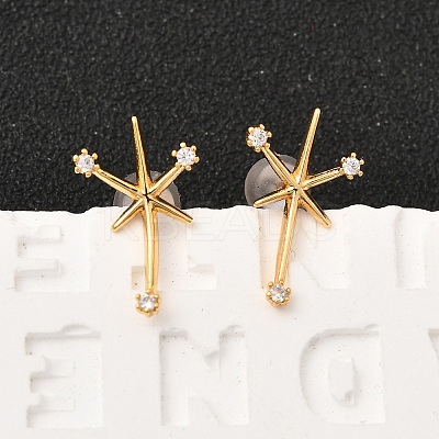 Brass Micro Pave Clear Cubic Zirconia Star Stud Earrings EJEW-C158-02G-1