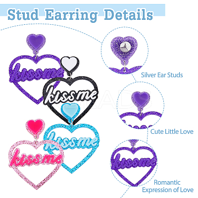 4 Pairs 4 Colors Heart with Word Kiss Me Acrylic Dangle Stud Earrings EJEW-FI0002-34-1