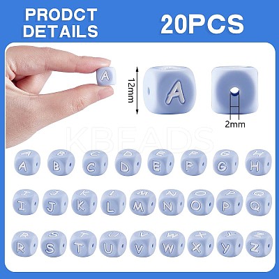 20Pcs Blue Cube Letter Silicone Beads 12x12x12mm Square Dice Alphabet Beads with 2mm Hole Spacer Loose Letter Beads for Bracelet Necklace Jewelry Making JX434P-1