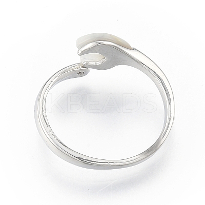 Natural Shell Heart Open Cuff Ring with Clear Cubic Zirconia RJEW-N039-09P-1