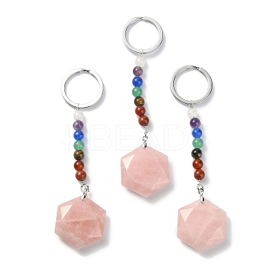 Natural Rose Quartz Hexagon Pendant Keychain G-Z033-02C-P-1
