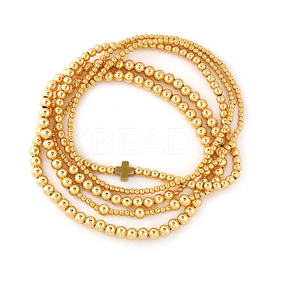 5Pcs 5 Styles Summer Brass Cross Round Beaded Stretch Bracelet Sets FV3491-1