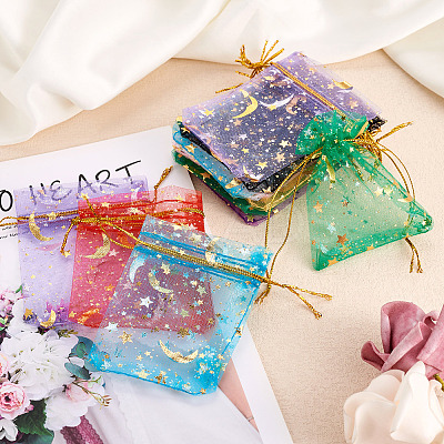 100Pcs 10 Colors Star & Moon Printed Organza Gift Bags OP-YS0001-02B-1