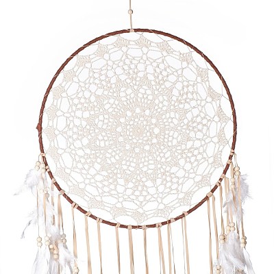 Handmade Round Cotton Woven Net/Web with Feather Wall Hanging Decoration HJEW-G015-02A-1