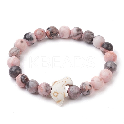 Synthetic Turquoise Dolphin Beads with Natural Pink Zebra Jasper Beaded Stretch Bracelets BJEW-JB10213-05-1