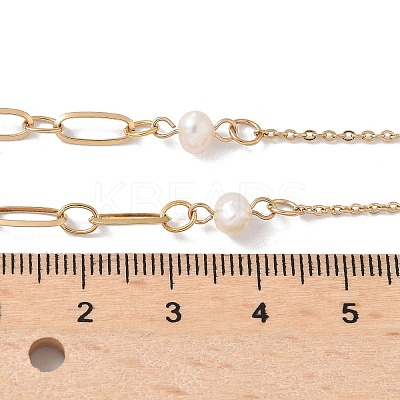 304 Stainless Steel & Glass Pearl Oval Link Chain Necklaces for Women NJEW-A045-04G-1-1