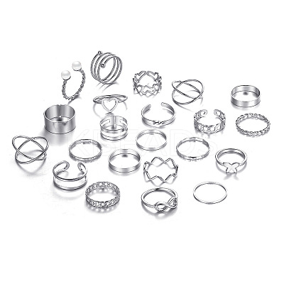 22Pcs 22 Style Heart & Butterfly & Criss Cross & Wave Alloy Finger Rings Set AJEW-PW0005-14P-1