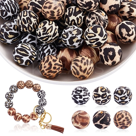 60 Pcs 15mm Silicone Beads Loose Silicone Beads Kit Leopard Print Silicone Beads for Keychain Making Bracelet Necklace JX309A-1