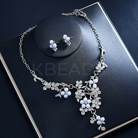 Alloy Rhinestone & Imitation Pearl Floral Necklace & Stud Earrings Sets for Women WGA95B7-01-1