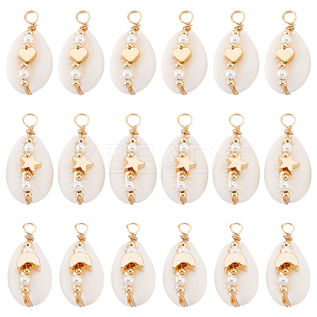 18Pcs 3 Styles Natural Cowrie Shell Pendant PALLOY-GO00044-1