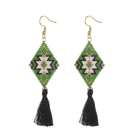 Glass Seed Braided Rhombus with Tassel Dangle Earrings EJEW-MZ00028-1
