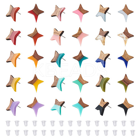30Pcs 15 Colors Walnut Wood Star Stud Earrings EJEW-FW0001-02-1