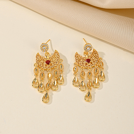 Golden Crescent Moon Tassel Brass Dangle Stud Earrings TM2234-1-1