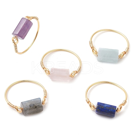 Column Natural Aquamarine & Rose Quartz & Lapis Lazuli & Labradorite & Amethyst Finger Rings RJEW-JR00817-1