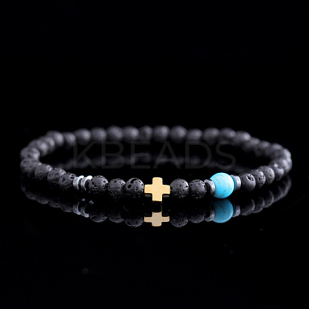 Natural Lava Rock & Synthetic Turquoise Round & Synthetic Non-magnetic Hematite Corss Beaded Stretch Bracelets SL0705-1