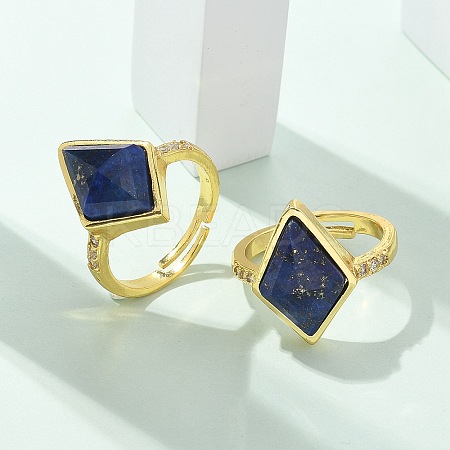 Rhombus Natural Lapis Lazuli Finger Rings RJEW-B113-01G-02-1