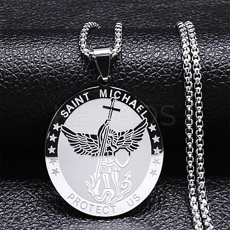 201 Stainless Steel Archangel Saint Michael Medal Pendant Box Chain Necklaces for Women NJEW-S440-01P-1