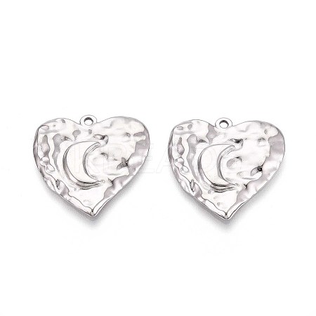 304 Stainless Steel Textured Heart with Moon Pendants STAS-T067-33P-1