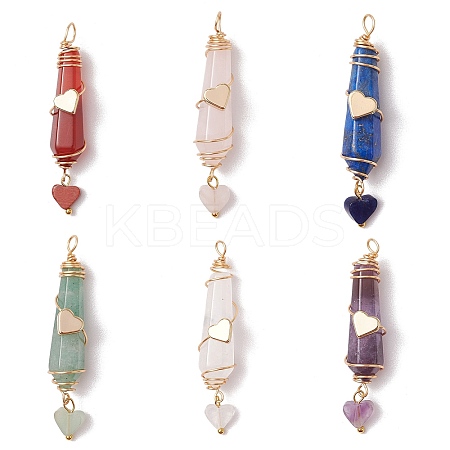 6Pcs 6 Styles Natural Carnelian & Green Aventurine & Rose Quartz & Quartz Crystal & Lapis Lazuli & Amethyst Copper Wire Wrapped Faceted Bullet Heart Pendants PALLOY-JF03482-02-1