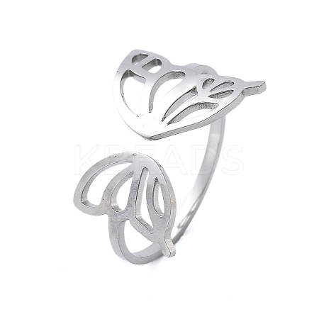 304 Stainless Steel Hollow Butterfly Wing Open Cuff Rings for Women RJEW-M024-02P-1