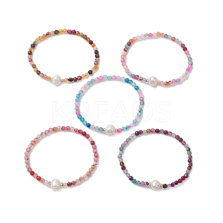 8mm Faceted Round Natural Agate(Dyed & Heated) Beaded Stretch Bracelets BJEW-JB10479-1