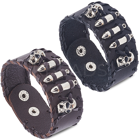 2Pcs 2 Colors Halloween Skull Leather Cord Bracelets for Men BJEW-GF0001-29-1