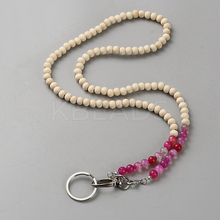 Wood & Natural Agate Beaded ID Card Neck Strap Card Holder AJEW-WH0270-043A-1