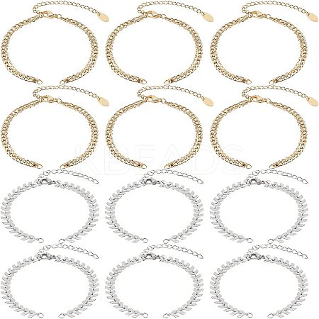 12Pcs 2 Style 304 Stainless Steel  Chain & Brass Cable Chain Bracelet Making AJEW-NB0003-26-1