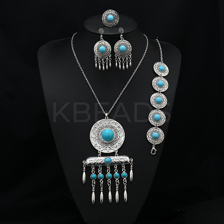 Flat Round Alloy with Resin Pendant Necklace & Stud Dangle Earring & Link Bracelet & Ring FS-WGB1F06-12-1