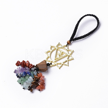 Natural Raw Tiger Eye & Mixed Stone Chips Tassel Pendant Decorations HJEW-P014-01G-06-1