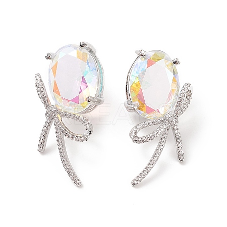 Cubic Zirconia Oval with Bowknot Stud Earrings EJEW-P206-15P-1