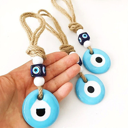 Flat Round with Evil Eye Glass Pendant Decorations EVIL-PW0002-09A-02-1